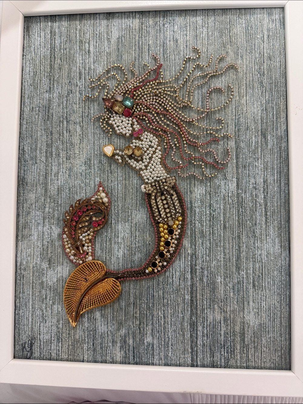 Beaded Mermaid Wall Art - Gold and Pink Accents  14 1/4 inches x 11 inches